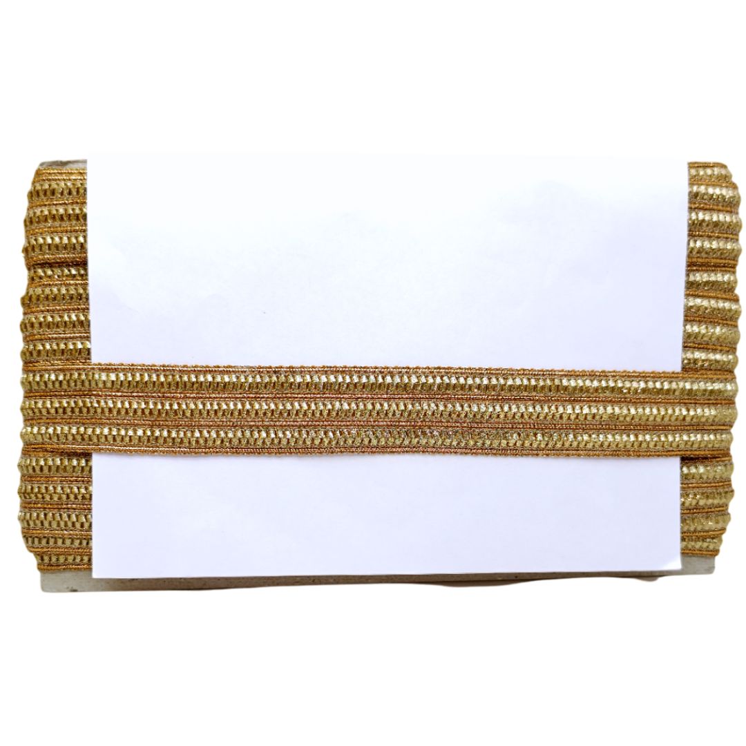 White clutch with gold trim on a white background