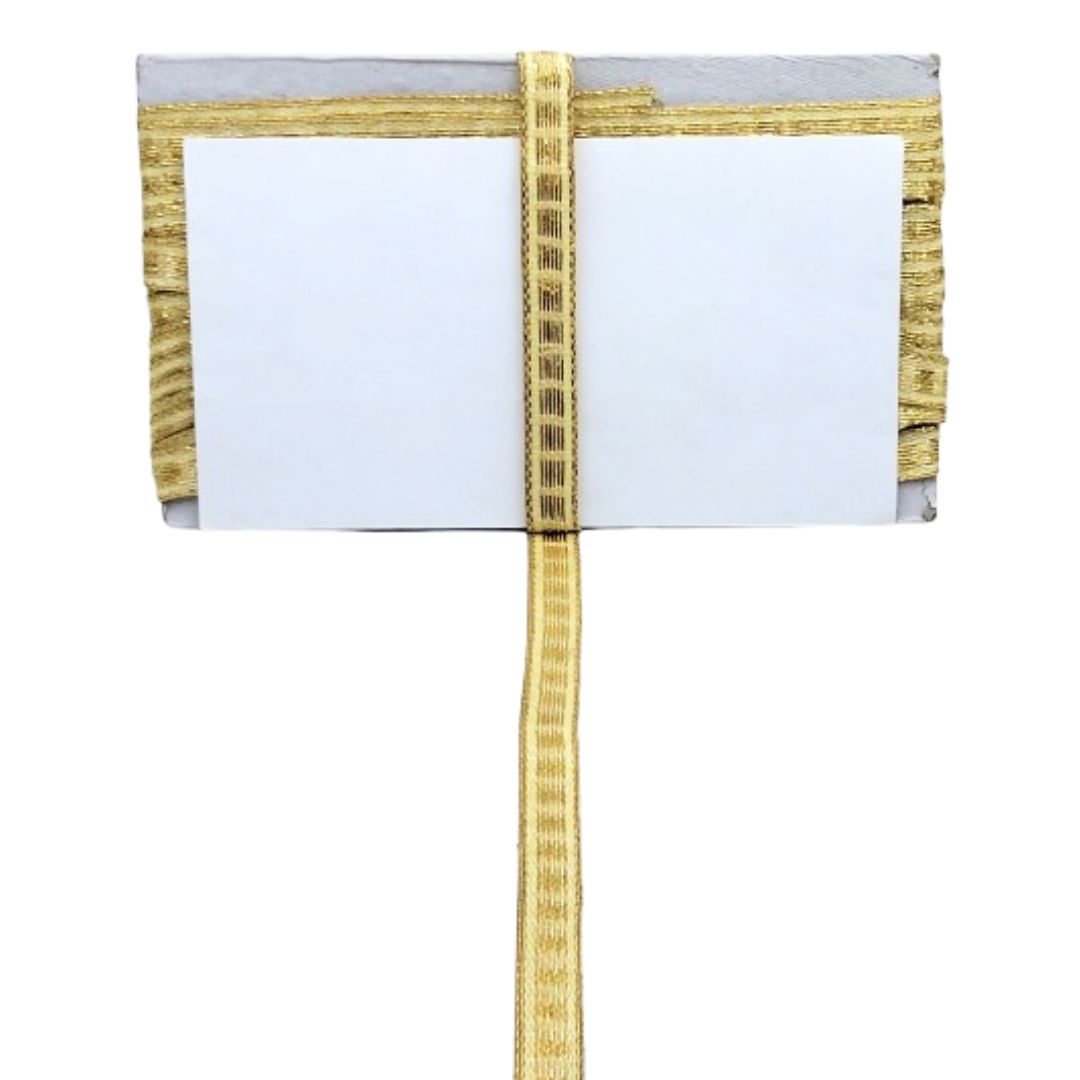 White card with gold decorative border on a white background