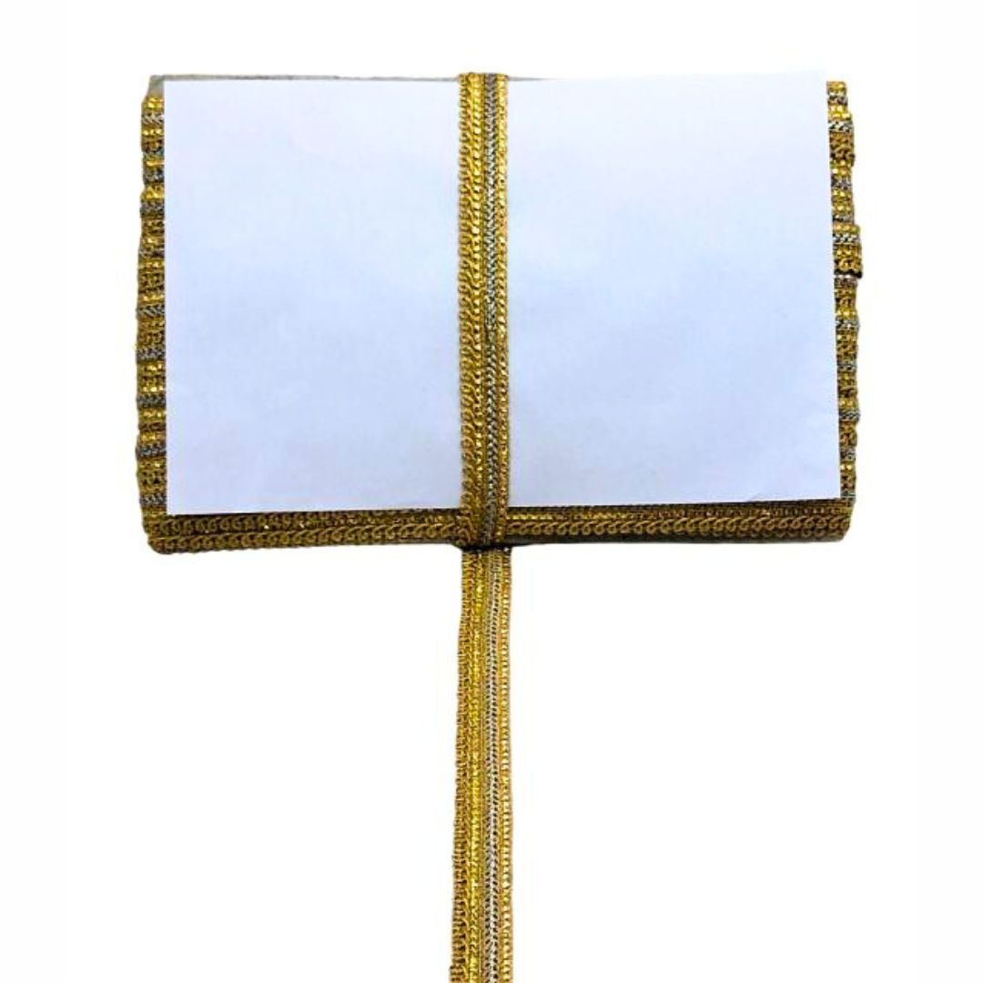 Gold decorative ribbon with a white center on a white background