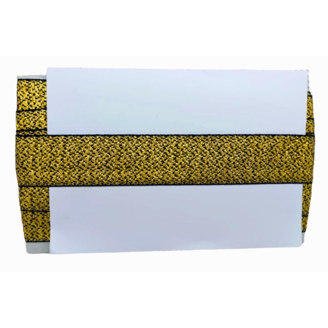Yellow and black patterned clutch bag on a white background