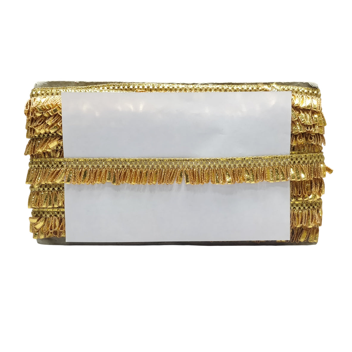 Gold clutch with fringe details on a white background