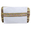 Clutch bag with colorful geometric pattern on a white background