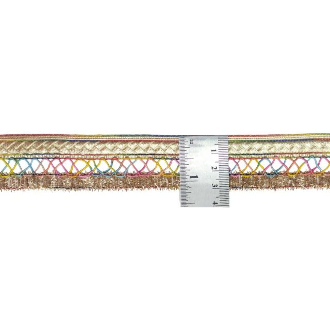 Multicolored braided cord with a ruler for scale on a white background