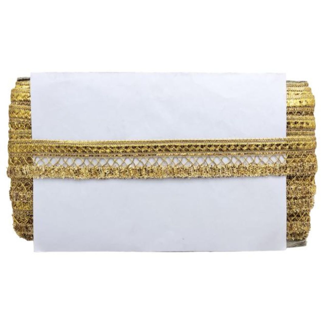 White clutch with gold decorative trim on a white background
