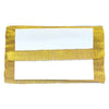Yellow woven strap with a white label on a white background