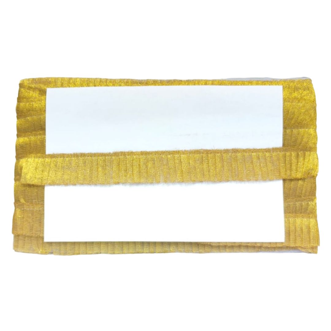Yellow woven strap with a white label on a white background