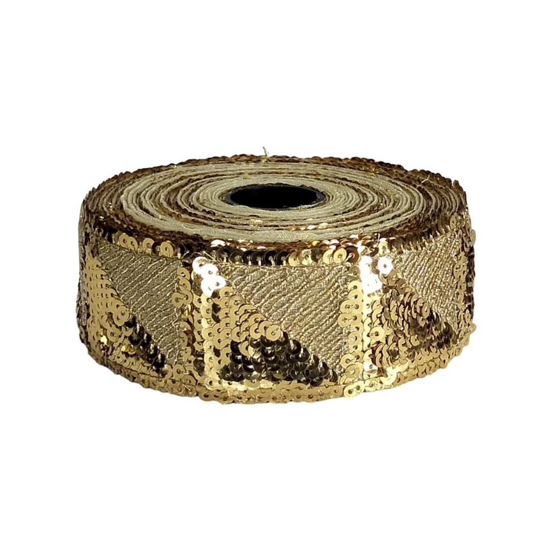 Roll of gold sequin ribbon on a white background