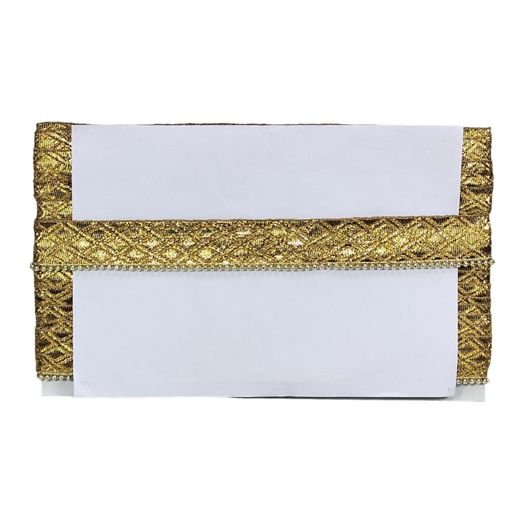 White card with gold decorative border on a white background
