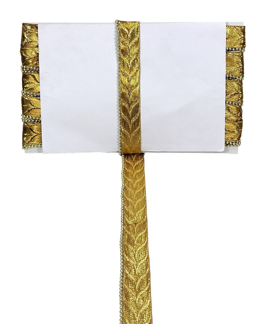 White napkin with gold decorative trim on a white background