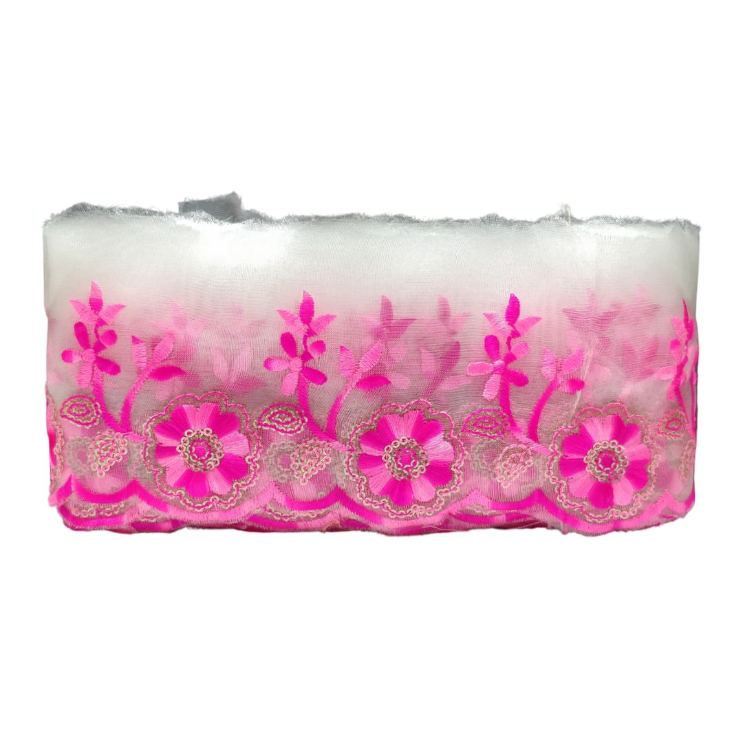 Baby Pink Embroidered Organza Lace Border For Gowns Decoration Only At Woven Lace & Border Reatilers and Manufactures In Surat