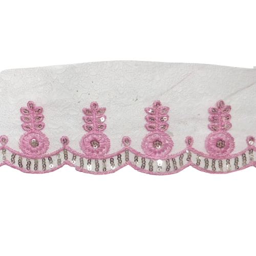 Baby Pink Embroidered Organza Lace For Dresses Decoration Only At Woven Lace & Border Reatilers and Manufactures In Surat