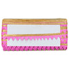 Clutch bag with pink and gold accents on a white background