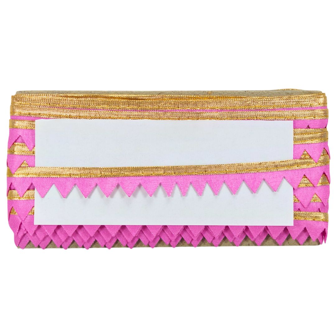 Clutch bag with pink and gold accents on a white background