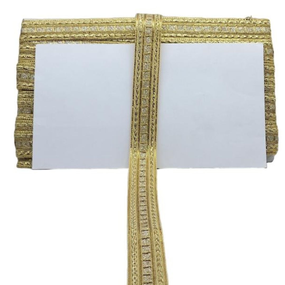 Gold decorative ribbon with a white center on a white background
