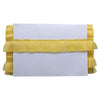 Yellow textured clutch bag with a white card on a white background