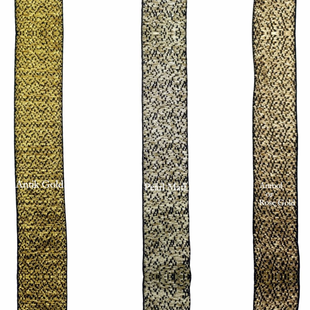 Three textured ribbons in gold, pearl, and antique rose gold on a white background.