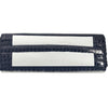 Black sequined clutch with two white straps on a white background
