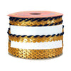 Spool of gold and navy braided ribbon on a white background