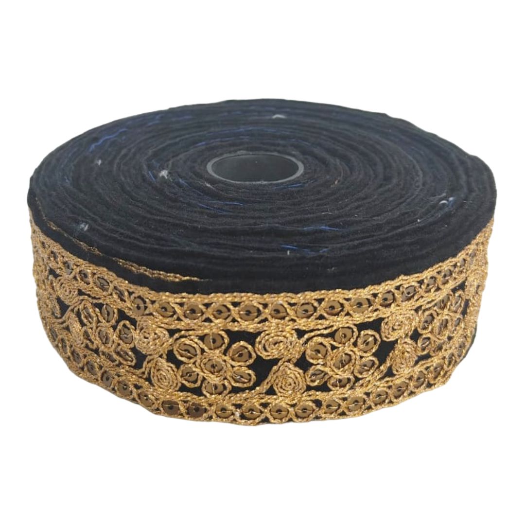 Roll of black fabric with gold lace trim on a white background