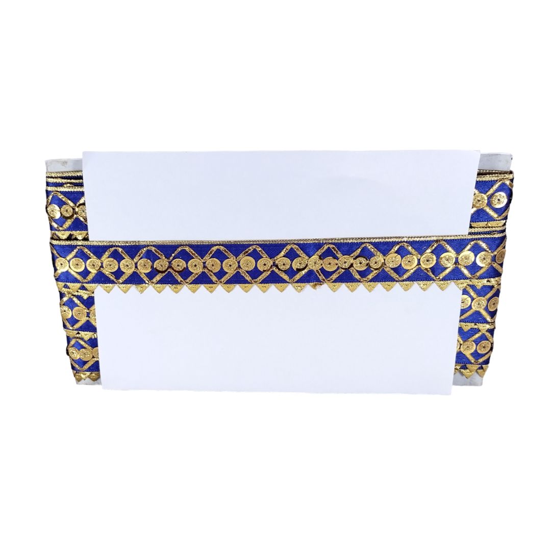 White card with blue and gold decorative border on a white background