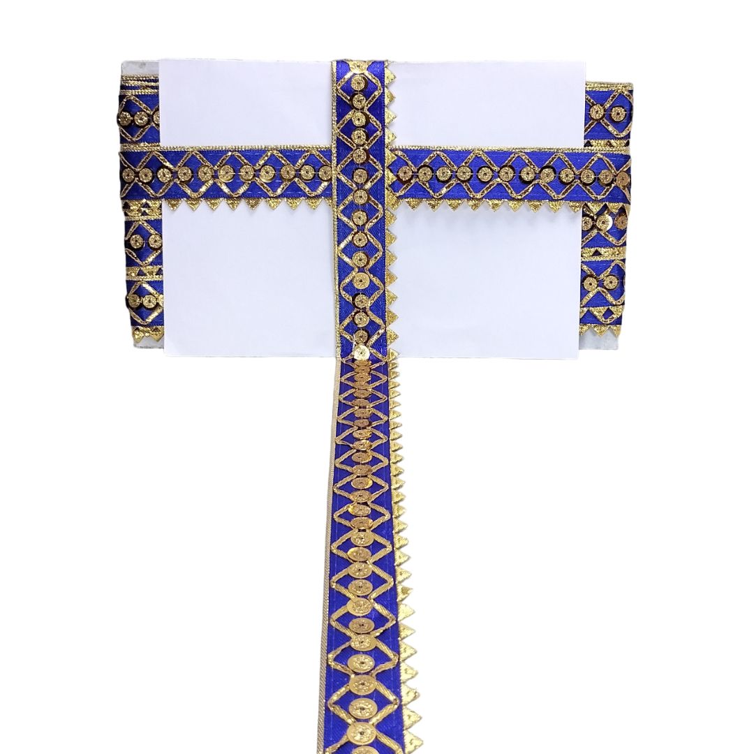 Decorative blue and gold belt on a white background