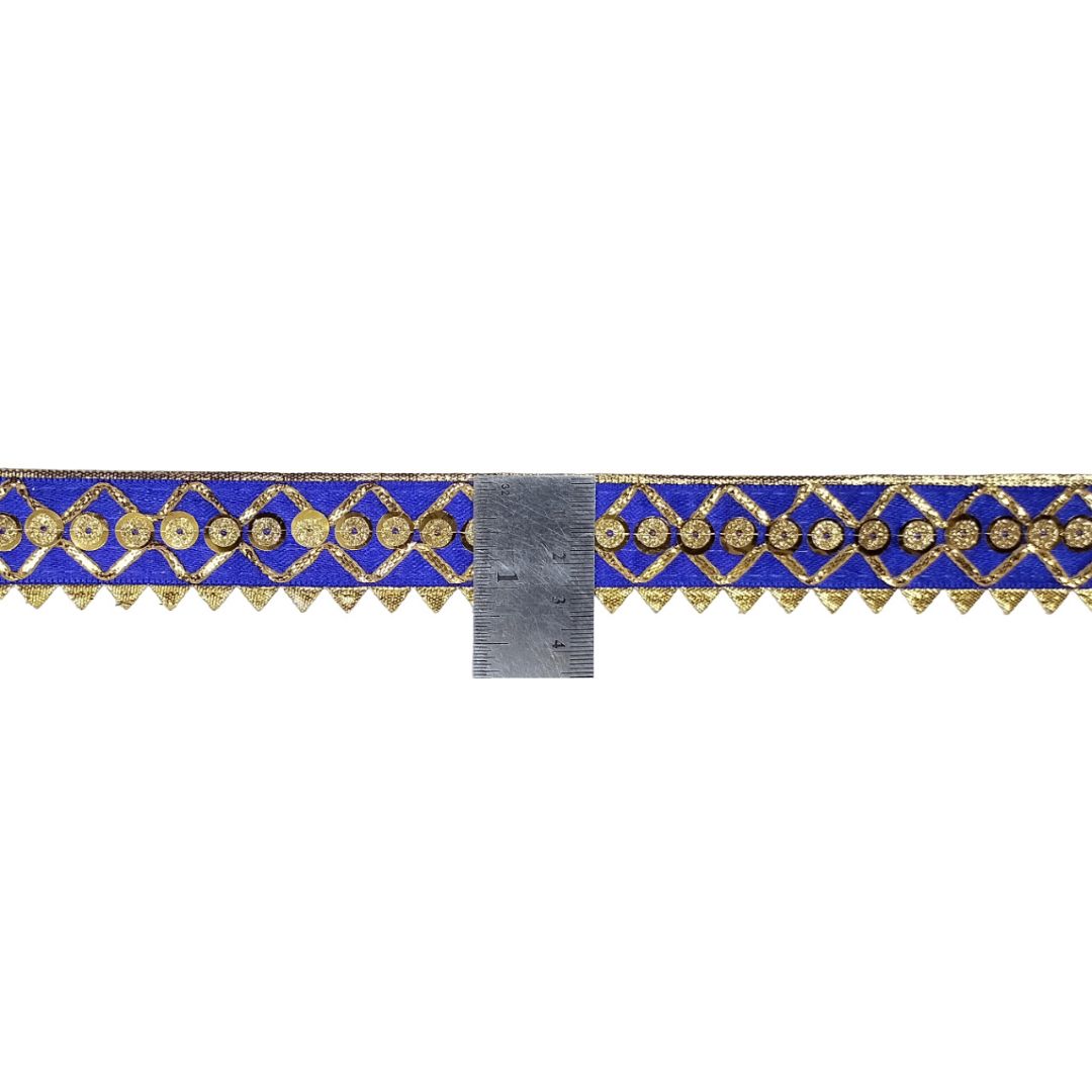 Decorative ribbon with blue and gold pattern on a white background