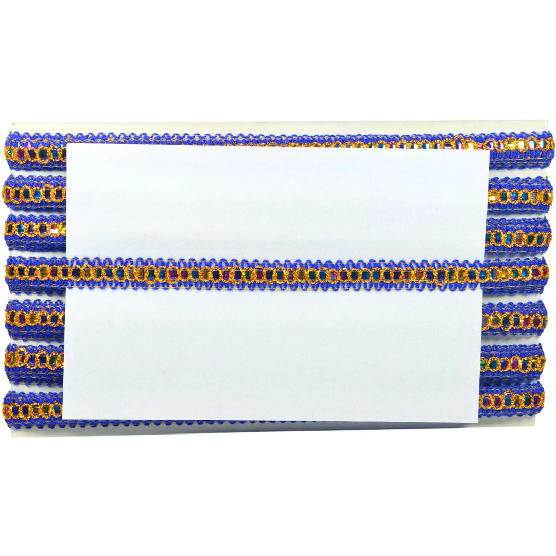 Decorative name tag with blue and gold chain border on a white background