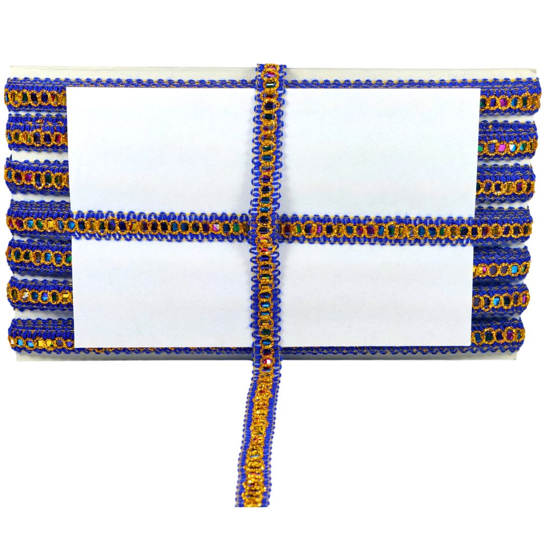 Decorative headband with blue and orange beads on a white background