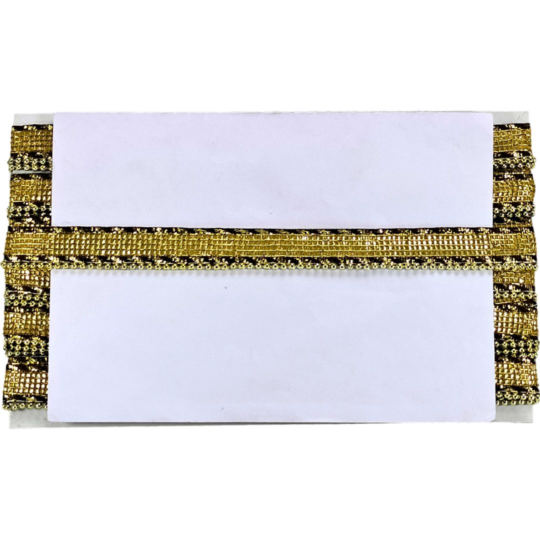 White card with gold decorative border on a white background