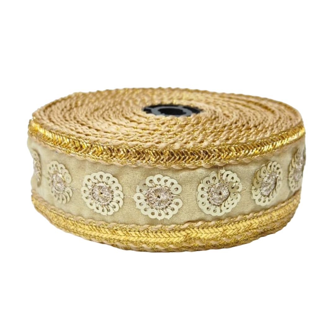 Roll of decorative ribbon with floral patterns on a white background