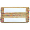 Clutch bag with colorful woven pattern on a white background