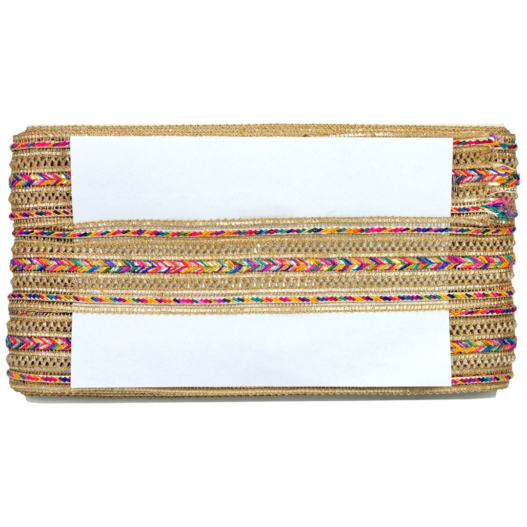 Clutch bag with colorful woven pattern on a white background