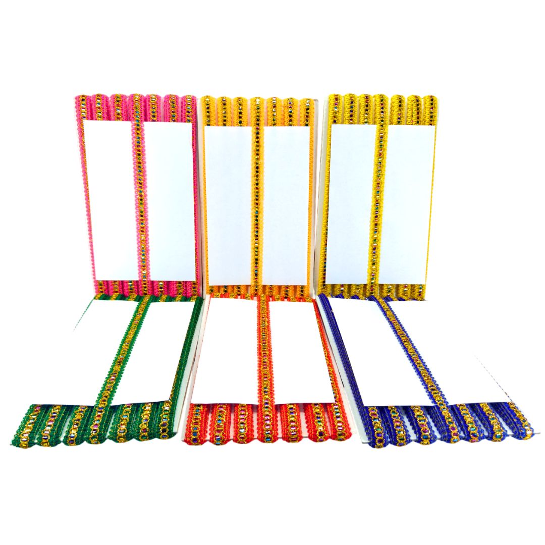 Colorful loom with various patterns on a white background