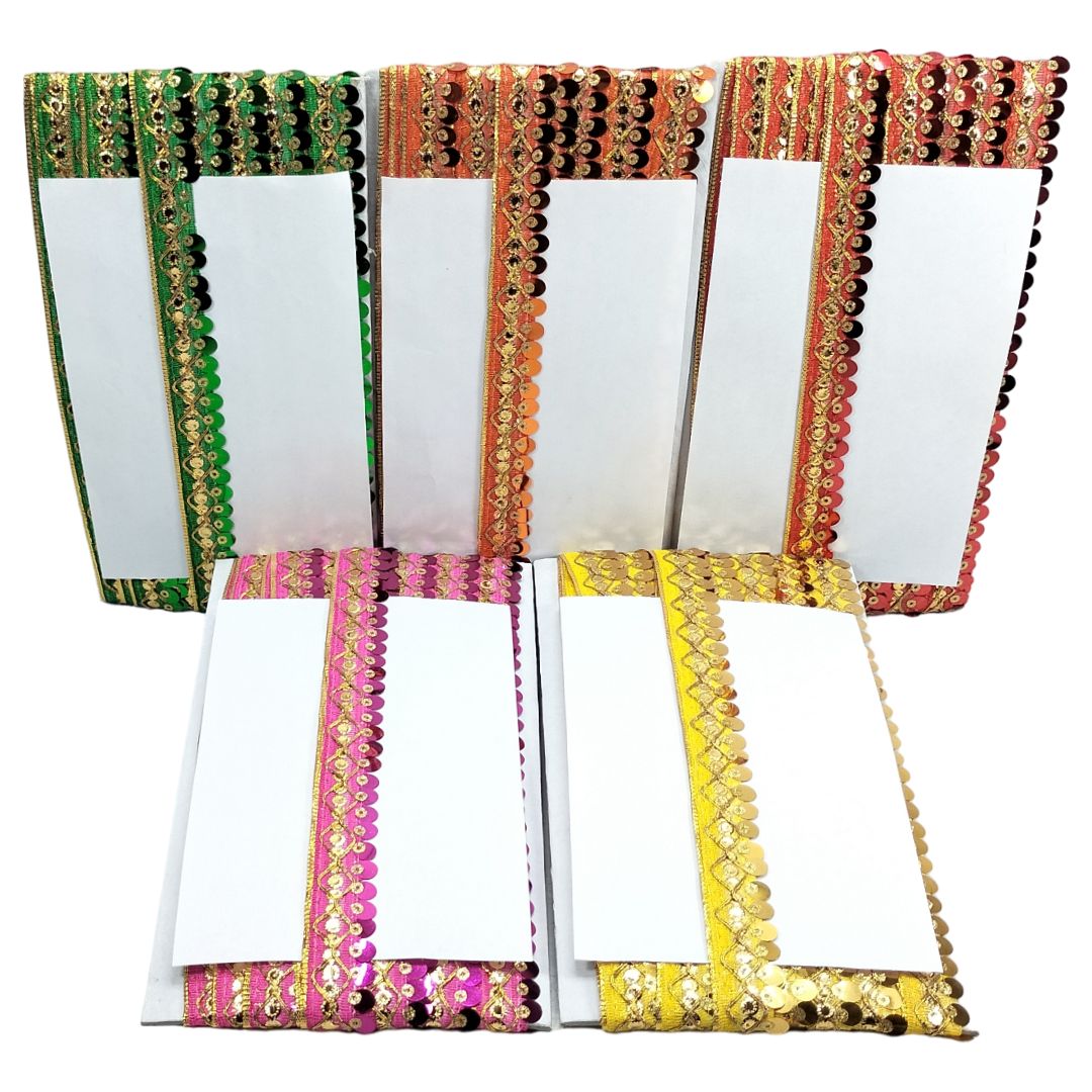 Set of four white cards with colorful sequin borders on a white background
