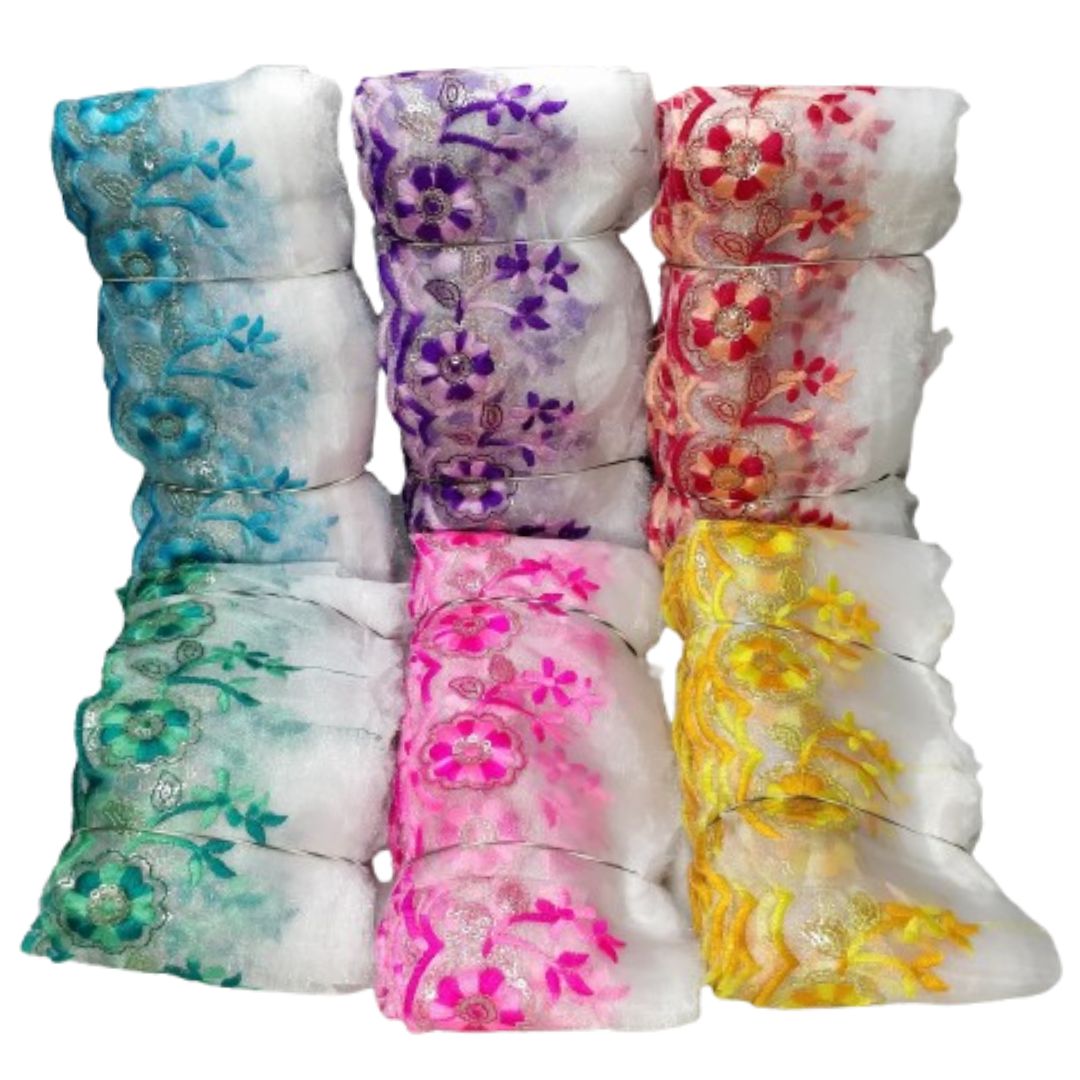 All Colors Embroidered Organza Lace Border For Gowns Decoration Only At Woven Lace & Border Reatilers and Manufactures In Surat