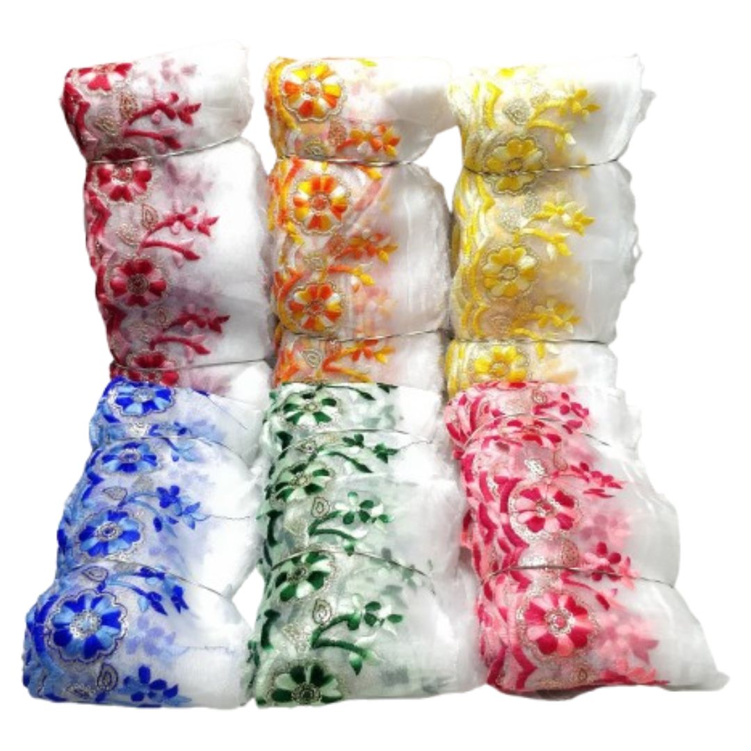 All Colors Embroidered Organza Lace Border For Gowns Decoration Only At Woven Lace & Border Reatilers and Manufactures In Surat