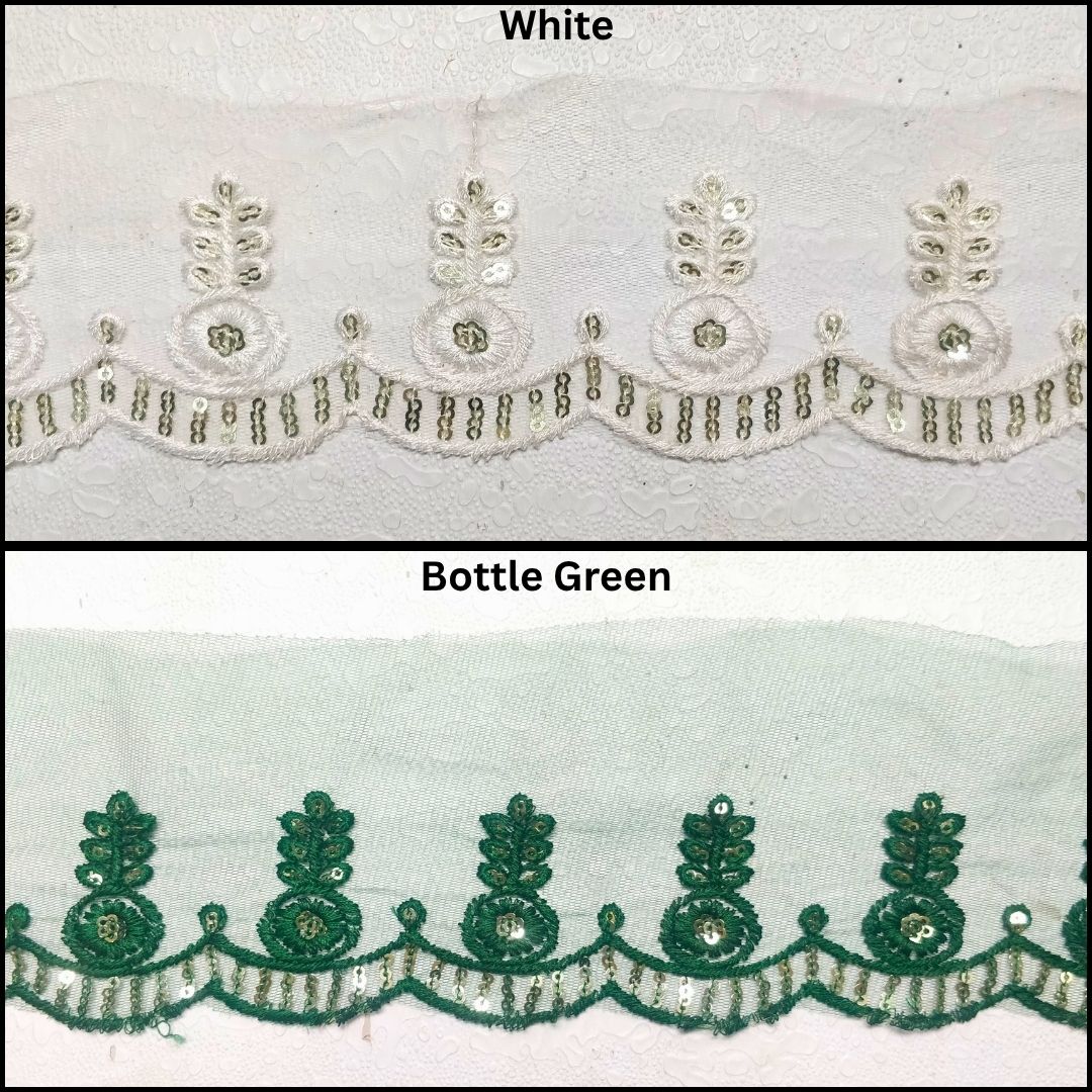 White & Bottle Green Embroidered Organza Lace For Dresses WhitDecoration Only At Woven Lace & Border Reatilers and Manufactures In Surat