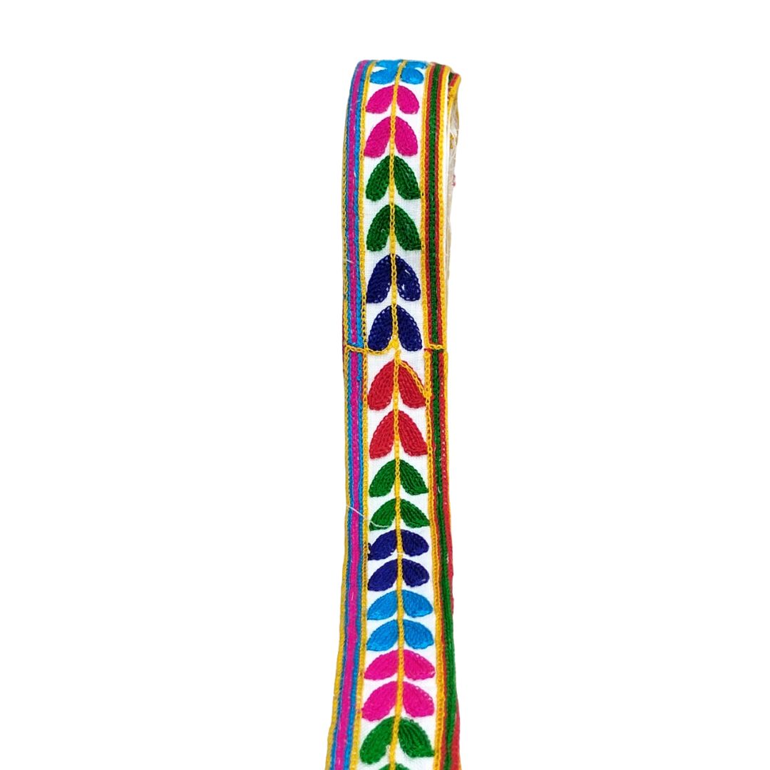 Colorful embroidered belt strap on a white background