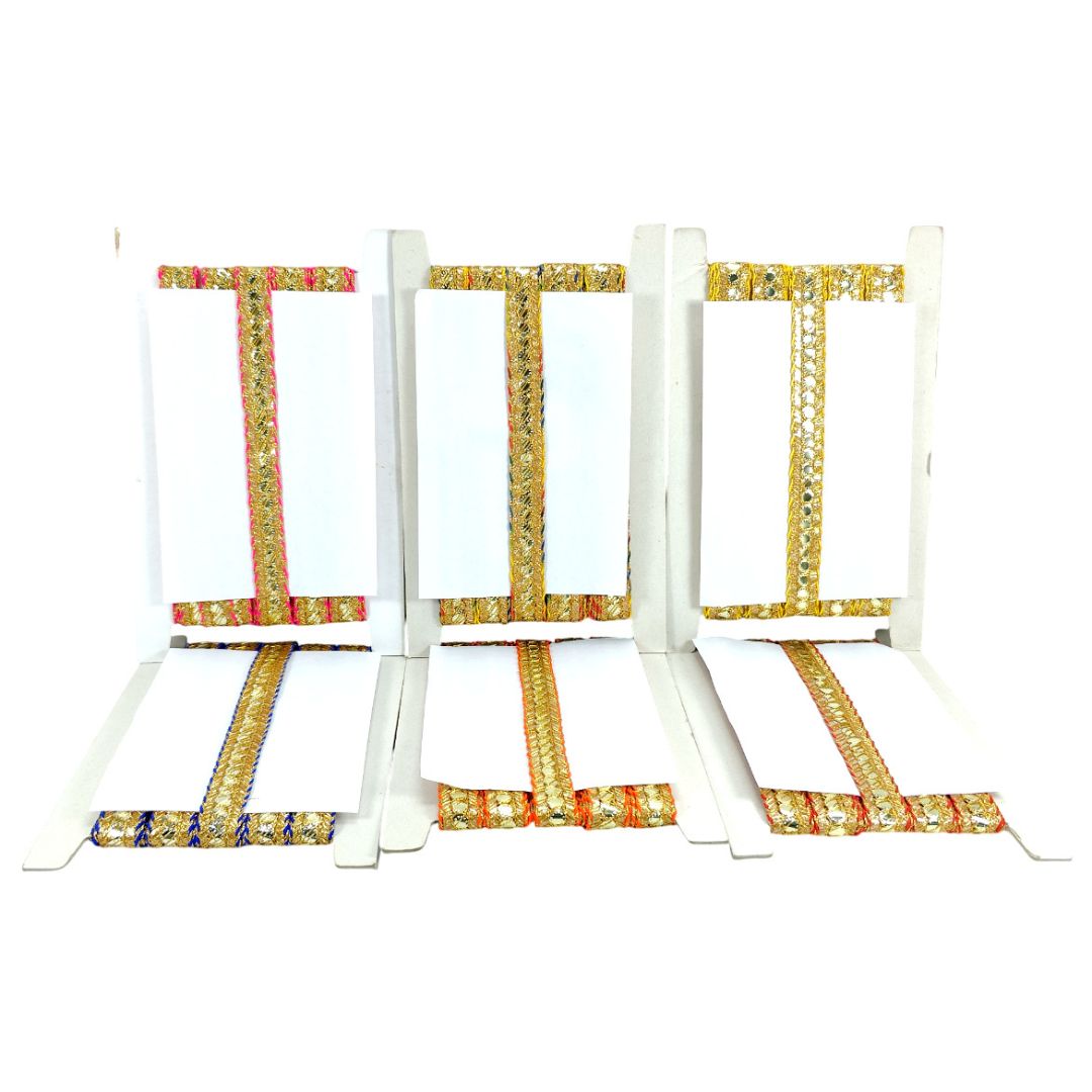 Three decorative stands with colorful patterns on a white background