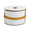 Spool of white ribbon with gold edge on a white background