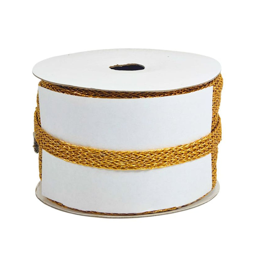 Spool of white ribbon with gold edge on a white background