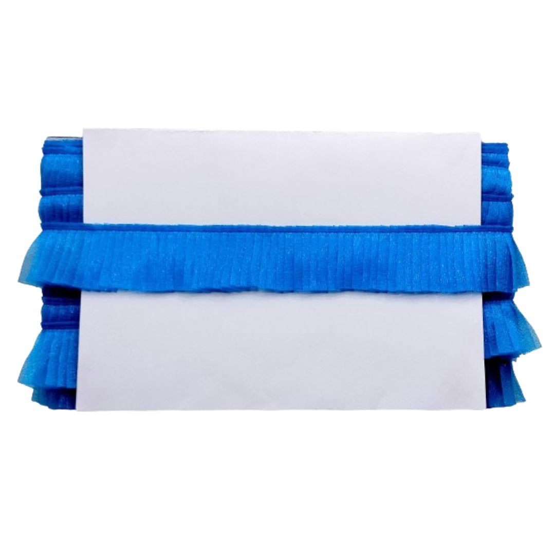Blue ruffled trim on a white background