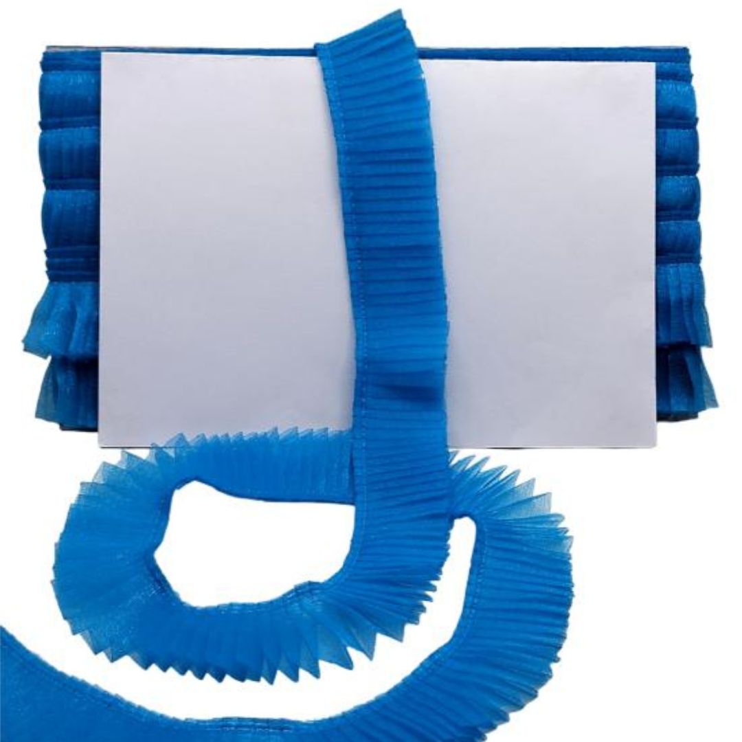 Blue corrugated tube with a white card on a white background