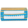 Clutch bag with blue and gold geometric pattern on a white background