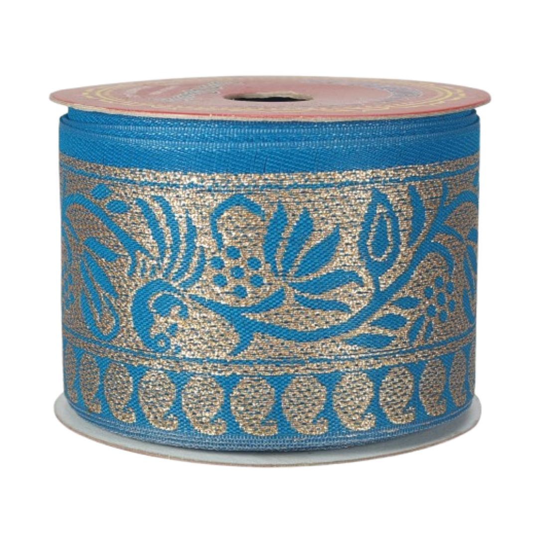 Roll of blue and gold decorative ribbon on a white background