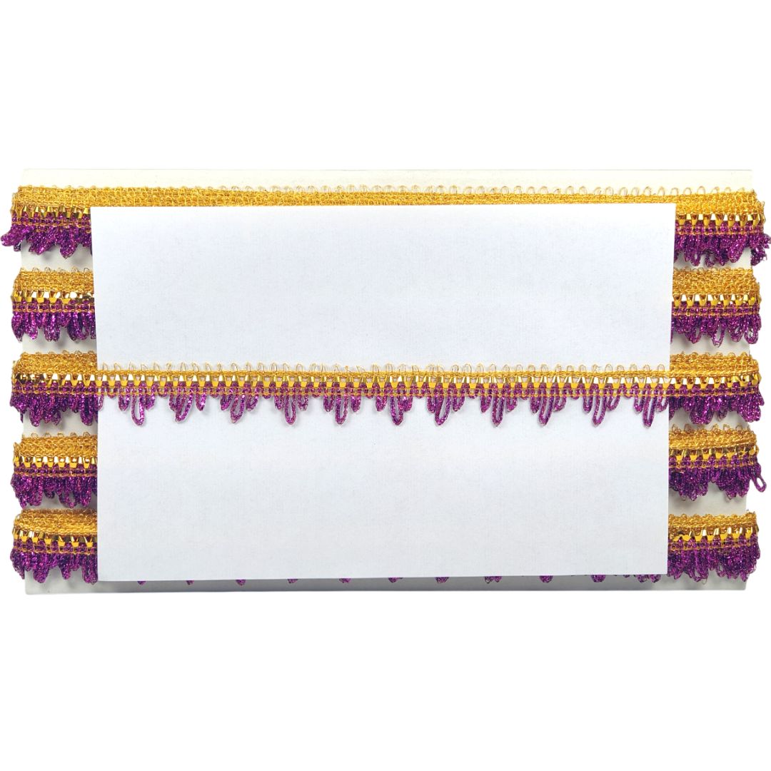 Decorative trim with purple and gold fringe on a white background