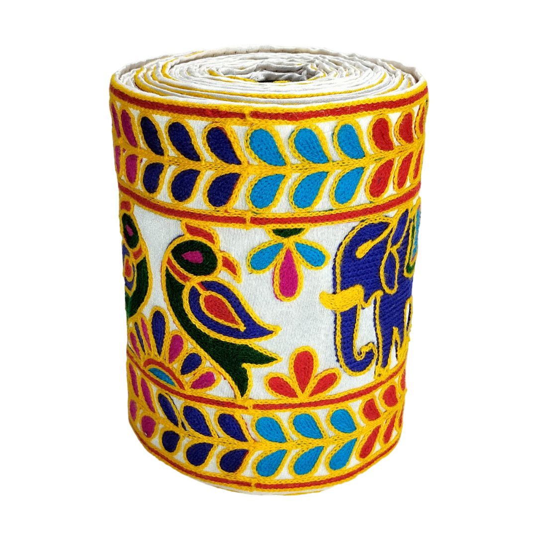 Decorative ribbon roll with colorful patterns on a white background