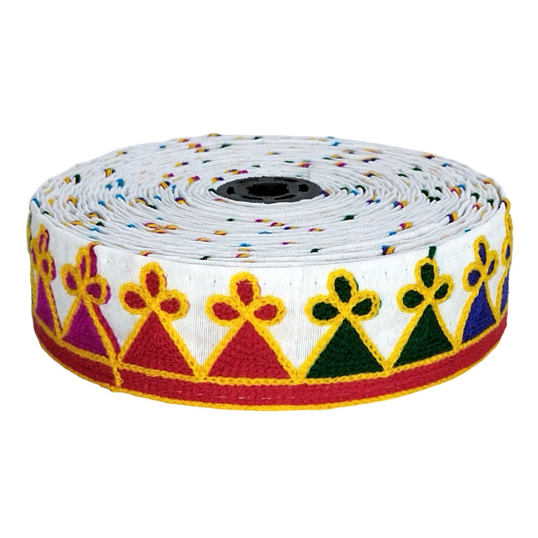 Roll of colorful ribbon with decorative patterns on a white background