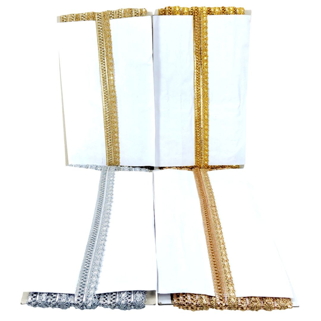 White lampshade with gold and silver trim on a white background