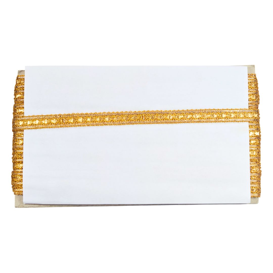 White clutch with gold trim on a white background